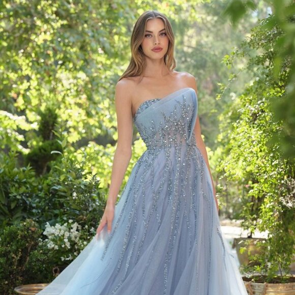 New Smoky Blue Strapless Beads Embellished A-Line Gown w/ Beaded Bodice CD A1491 - Picture 1 of 9